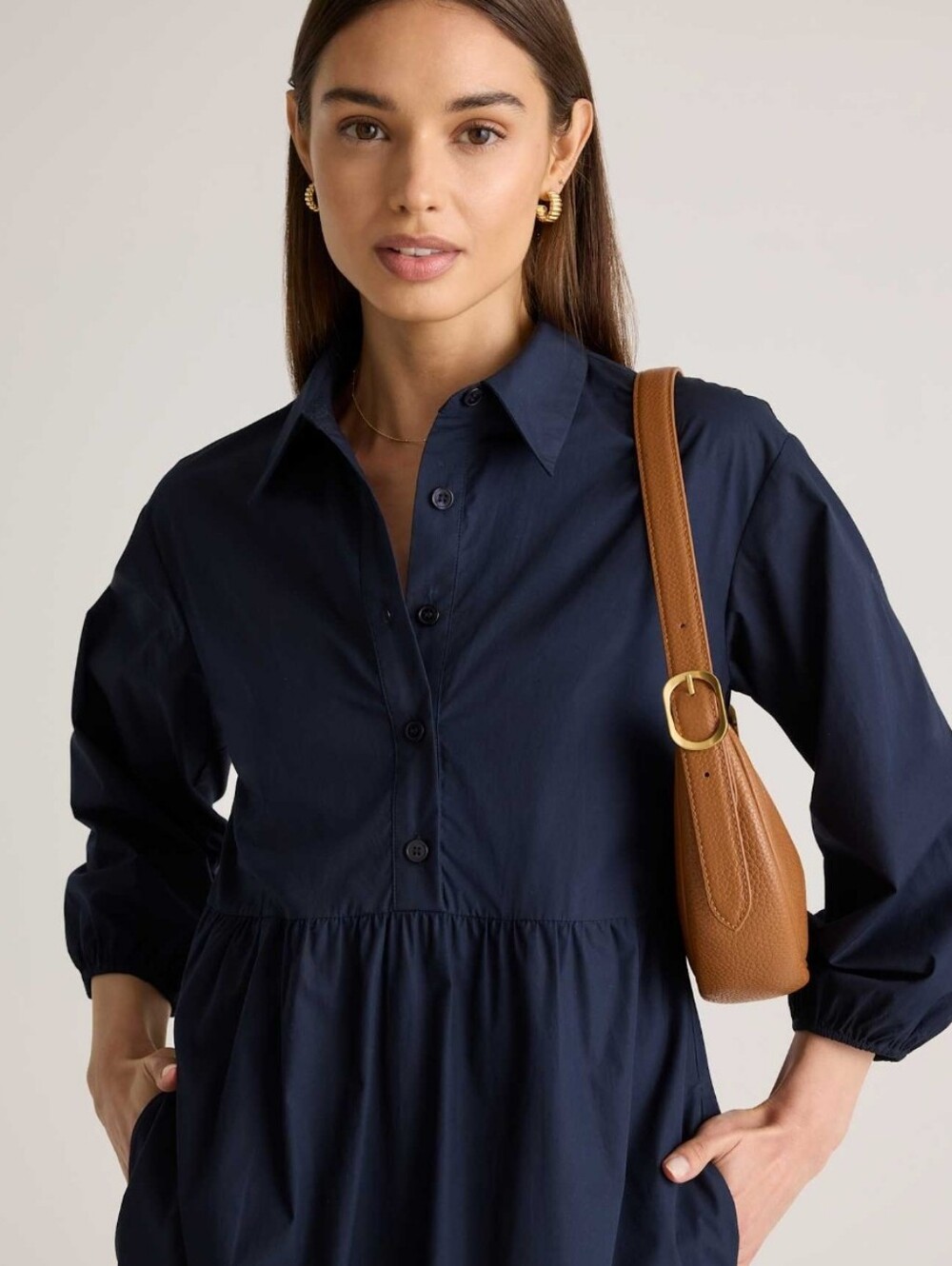 Quince Babydoll Style Button Down Top, Navy Sz Large